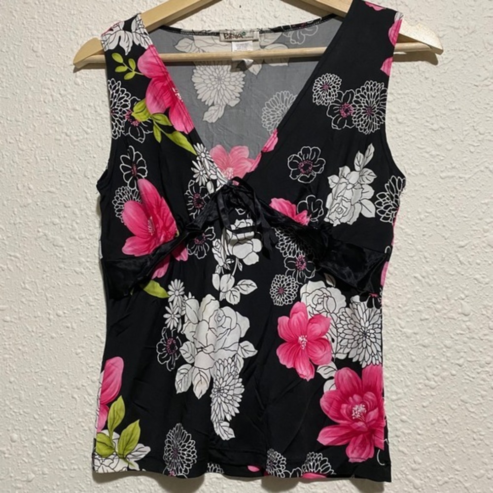 Vintage Papaya Clothing women's M Floral V Neck Sleeveless bow‎ Top babydoll Y2K